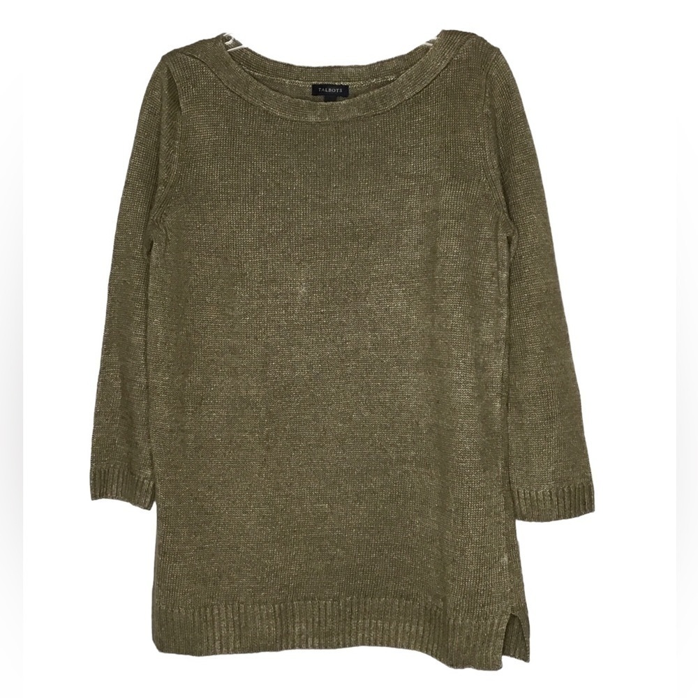 Talbots - 100% Linen Light Olive Green - Taupe Knit Boat Neck Sweater - Size XS